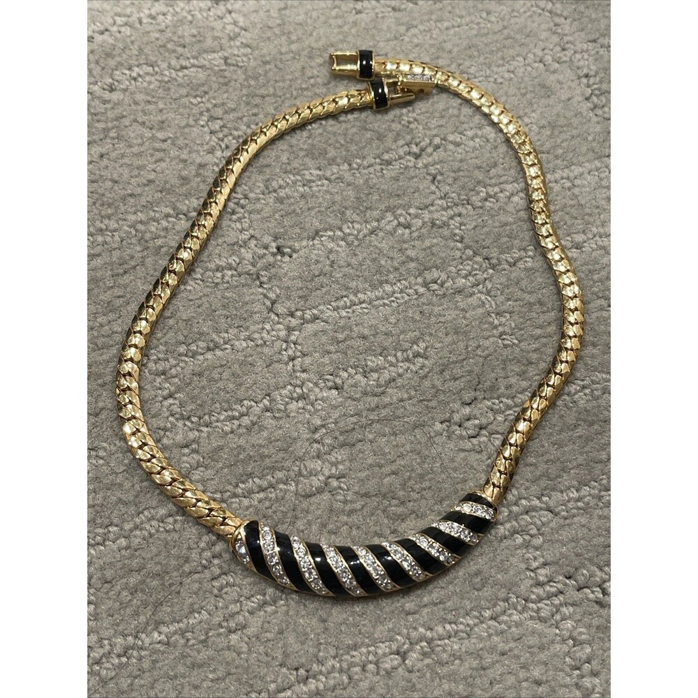 Vtg 1980's Swarovski Gold Toned Black Enamel Rhine Stone Crystal Necklace
